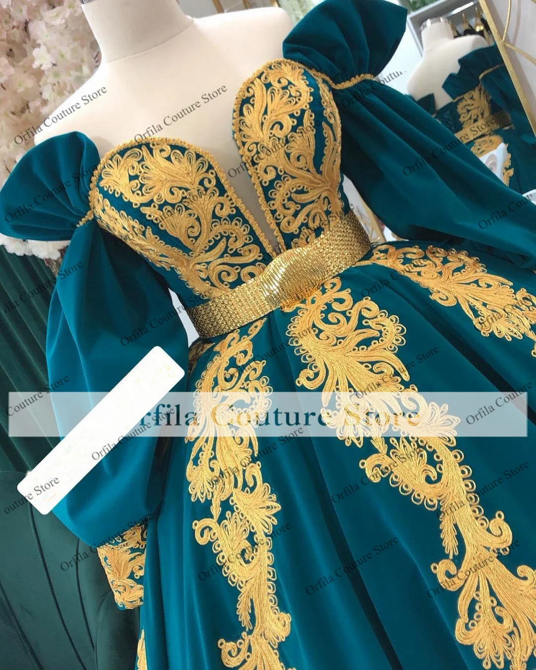 Istanbul Caftan Evening Dresses 2022 Off Shoulder Long Sleeves Gold Lace Albanian Formal Party Ladies Gowns Vestidos De Novia