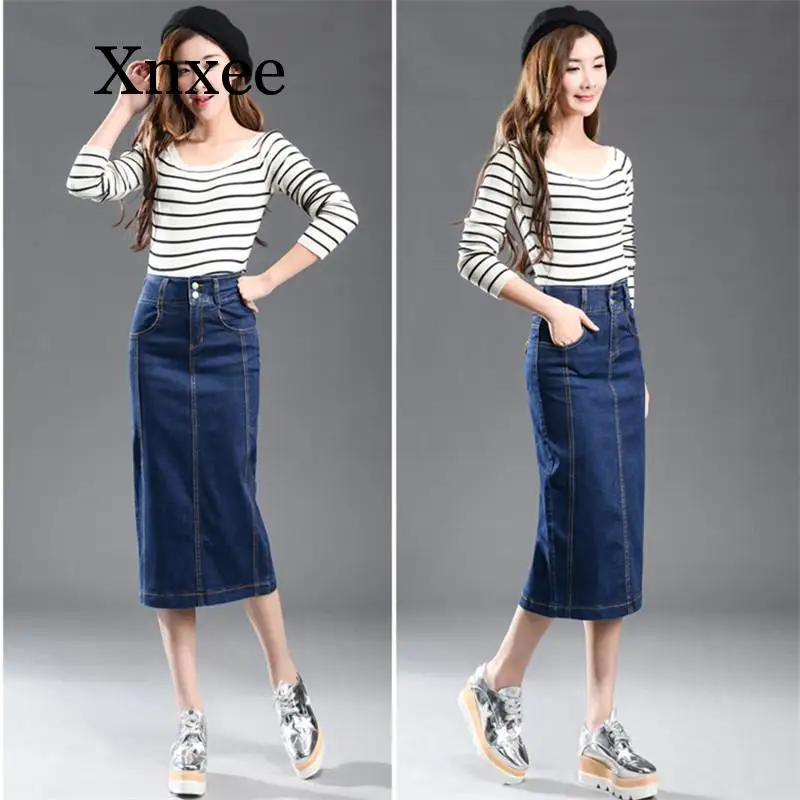 Elegant Long Denim Skirt Women  Casual High Waist Denim Skirts Pencil Patchwork Stretch Slim Hip Jean Skirt Long 8Xl