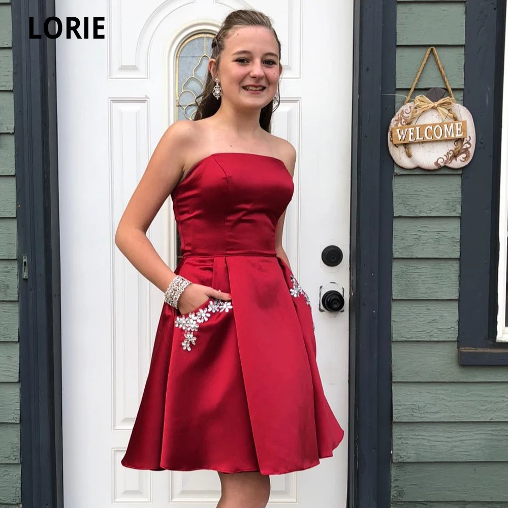 LORIE Short Beading Homecoming Dresses Formal Junior Gowns with Pockets Mini Satin Prom Cocktail Princess Party Dress Lacing