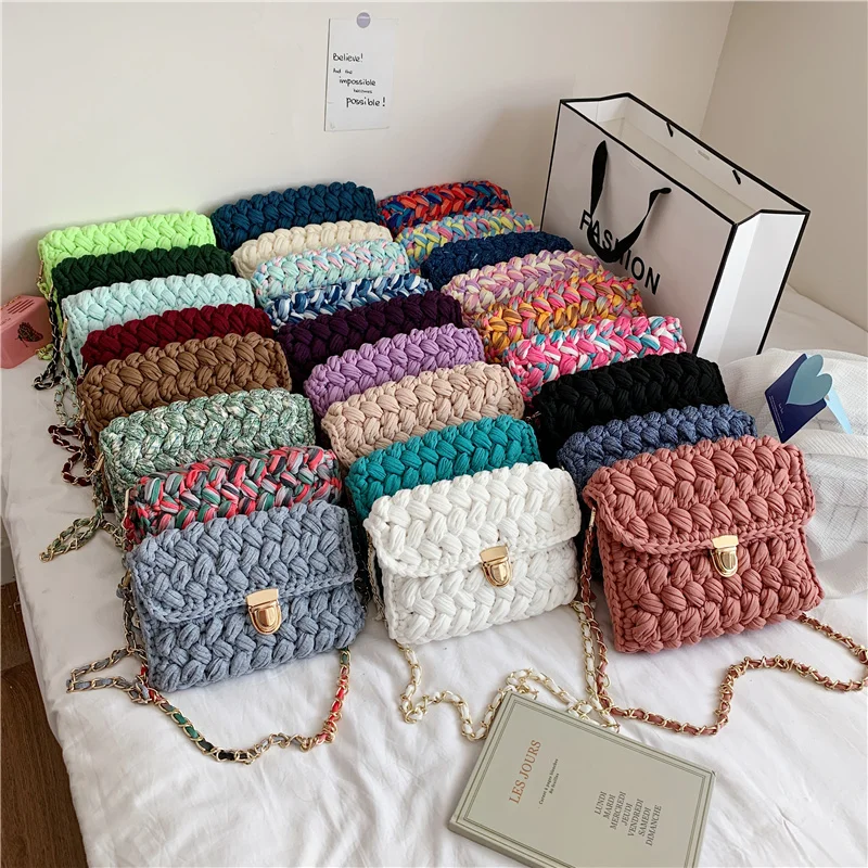 

Handmade Woven Women's Crossbody Bags Thread Hook Knitted Shoulder Bag Colorful Strip Chains Bags for Women Small Purses 2021