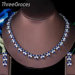 ThreeGraces Royal Blue Round Cubic Zirconia Elegant Drop Earrings Necklace Jewelry Set for Women Wedding Party Accessories TZ555