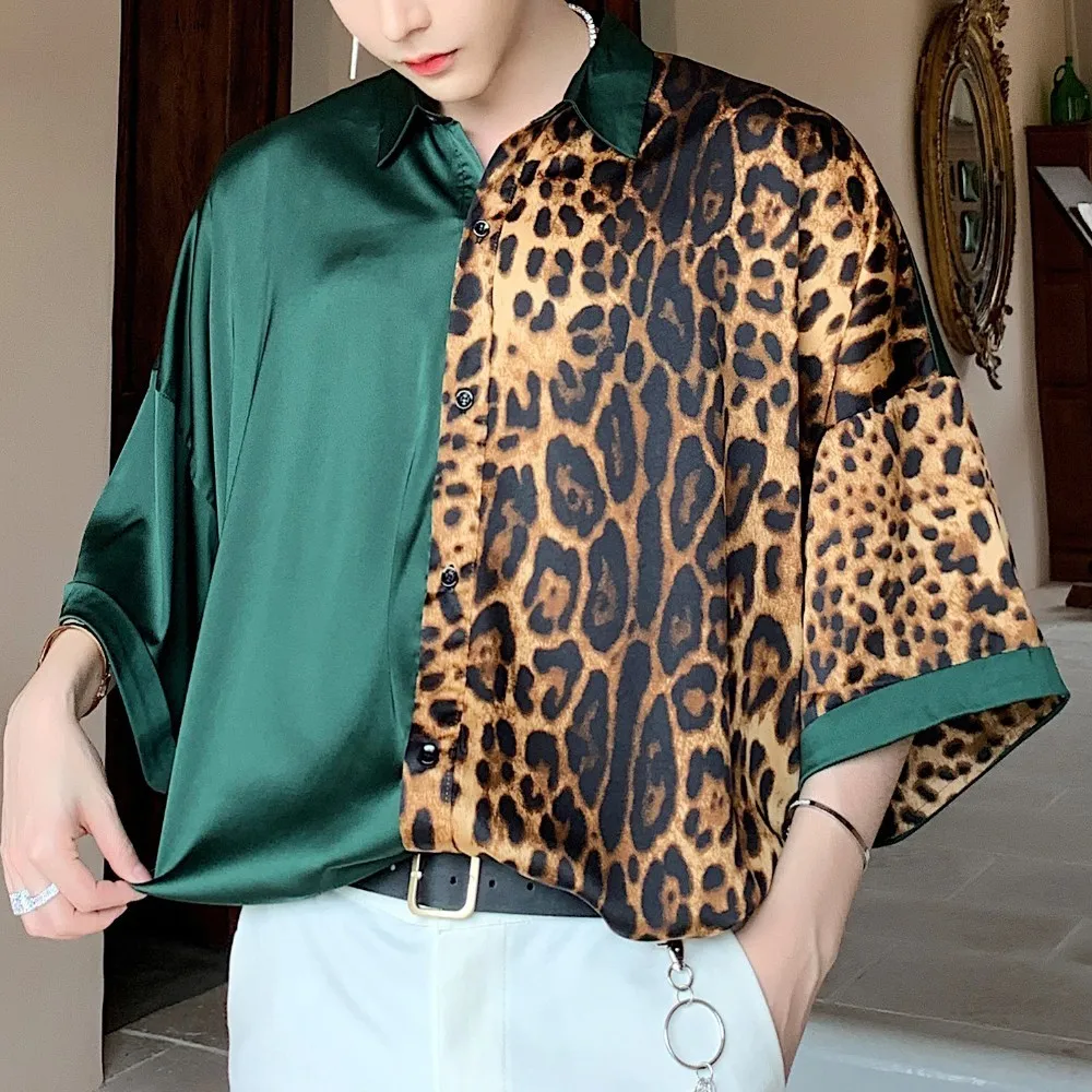 Hop Streetwear Hip Fashion Stage Show Party Dress Shirt Men Short Sleeve Leopard Splice Match Bag Loose 2020 Casual Shirts Male