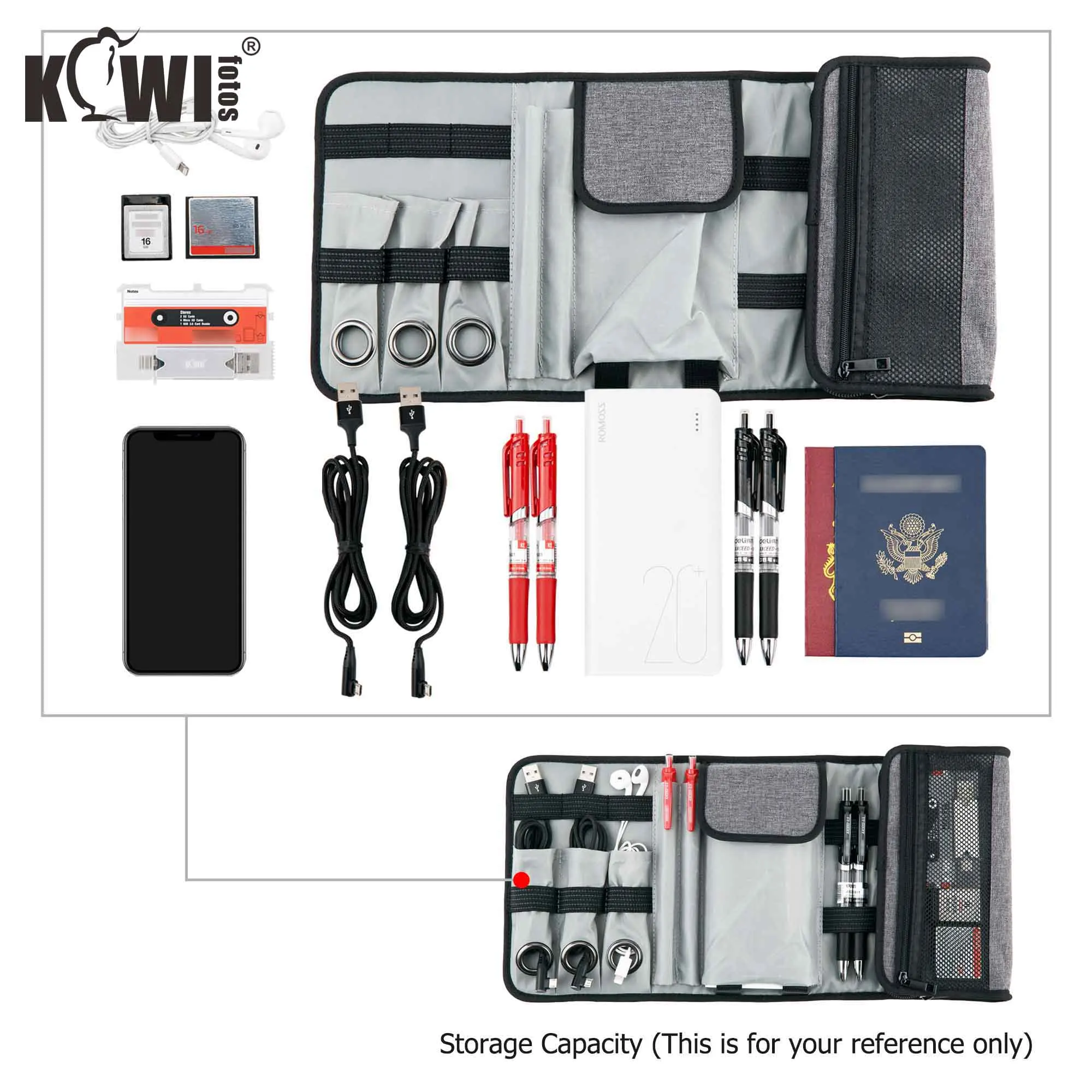 High Capacity Travel Pouch Organizer for Smart Phone Power Bank Data Cable Earphone Passport Memory Cards Card Reader Case Bag