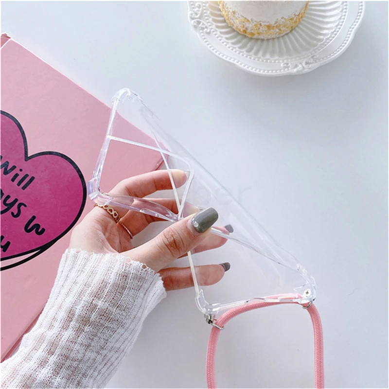 Casing ponsel transparan tali kabel Lanyard tali leher untuk Samsung S24 S23 S22 Plus S21 FE S20 Ultra S10 penutup silikon lunak