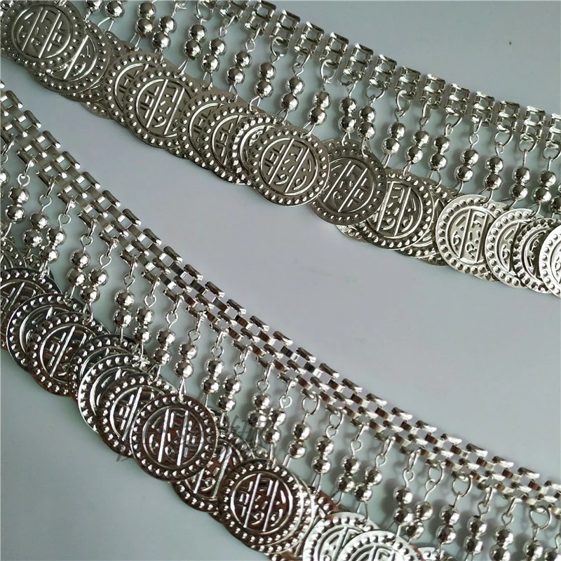 4.5cm Wide Thick Metallic Coin Sequins and Bells Beaded Fringe, gunmetal coin Fringe, Silver coin Fringe, Rose Gold coin Fringe
