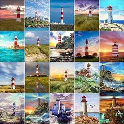 GATYZTORY Oil Painting By Number Lighthouse Landscape For Adults Diy Frame Picture By Numbers  Seascape Drawing On Canvas Home D