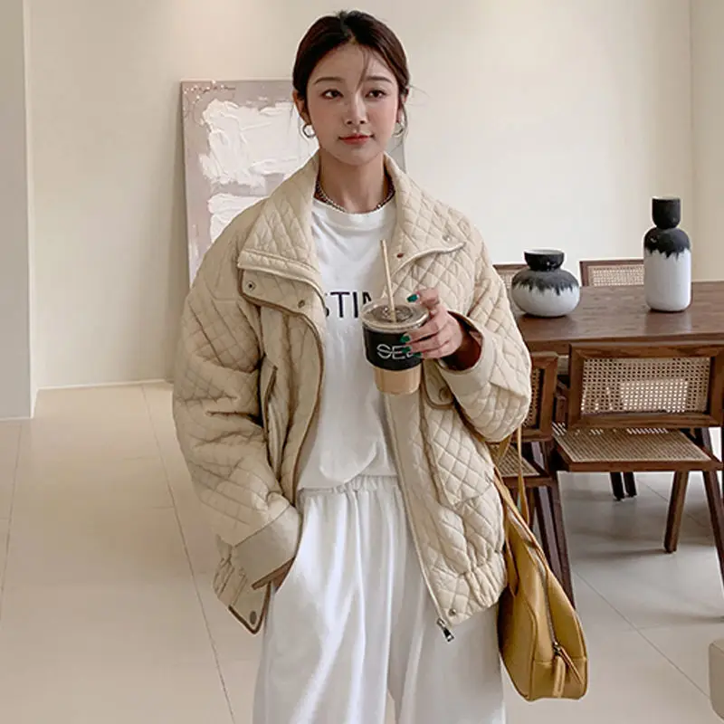 2024 winter new small fragrance wind ringed cotton-padded jacket down jacket women wear wind spell leather jacket light jacket