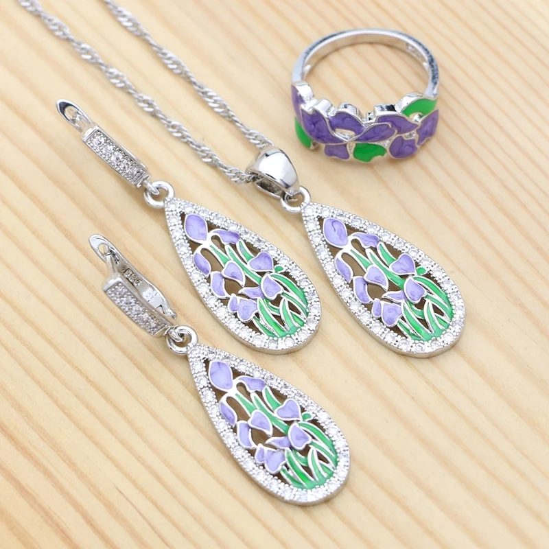 

Purple Water Drop Jewelry Set 925 Sterling Silver Earrings Pendant Ring Chain Romantic Enamel Jewelry