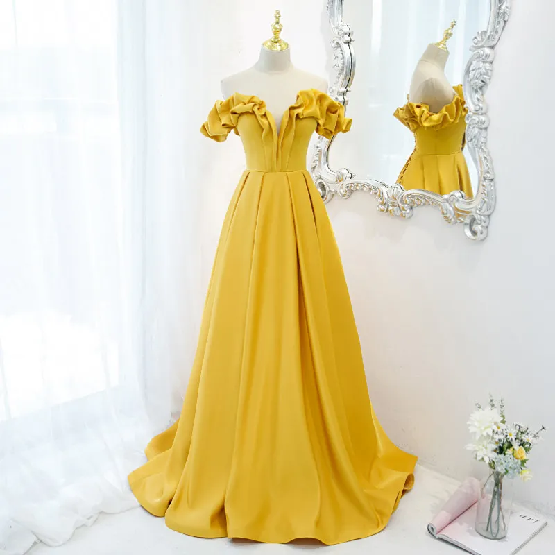 

Yellow Evening Dress Boat Neck Simple Floor-Length Empire A-Line Off The Shoulder Lace Up Satin Party Formal Dresses Woman B1313