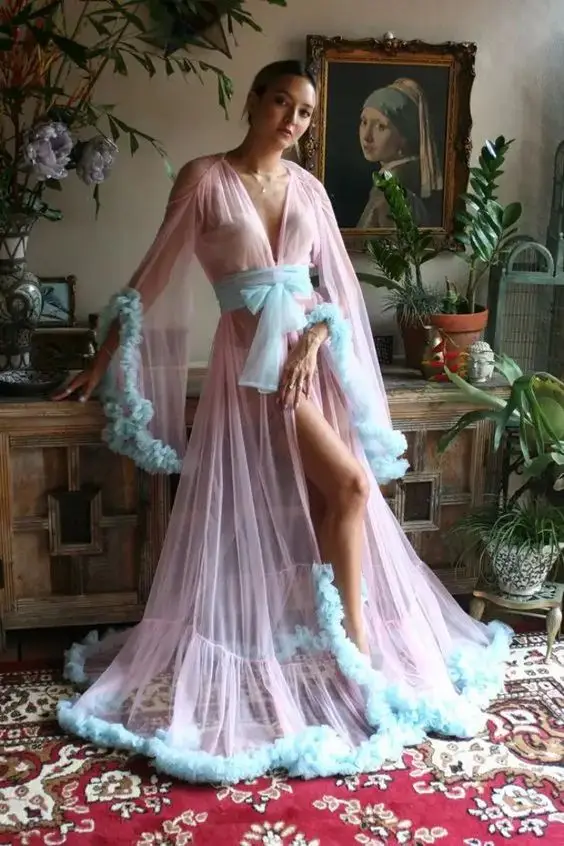 Sexy Women Night Robe Long-sleeves Illusion Custom Made One-piece Tulle Bridal Sleepwear Party Bridal dressing gown