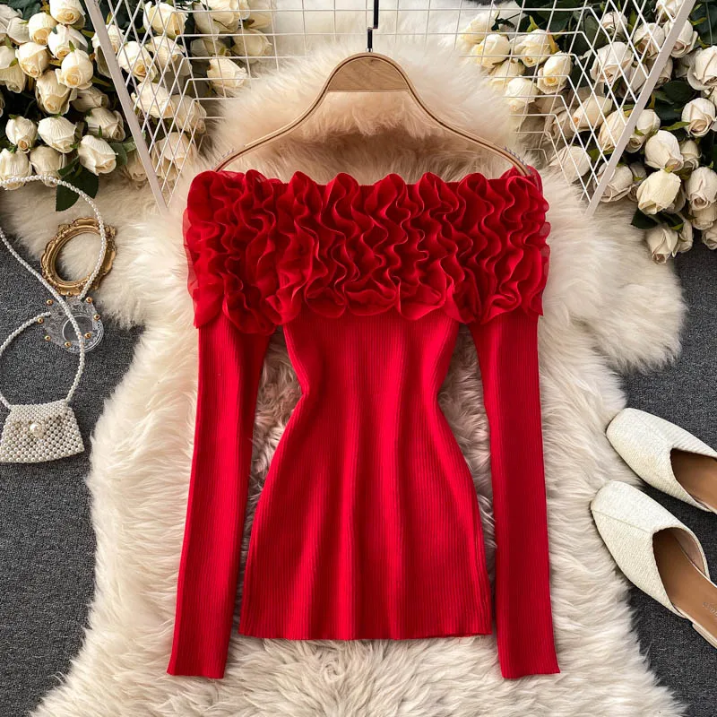 Sexy Slash Neck Off Shoulder Knitted Tops Women Elegant Purple/Red/White 3D Flower Long Sleeve Slim Shirt Female Blouse Spring