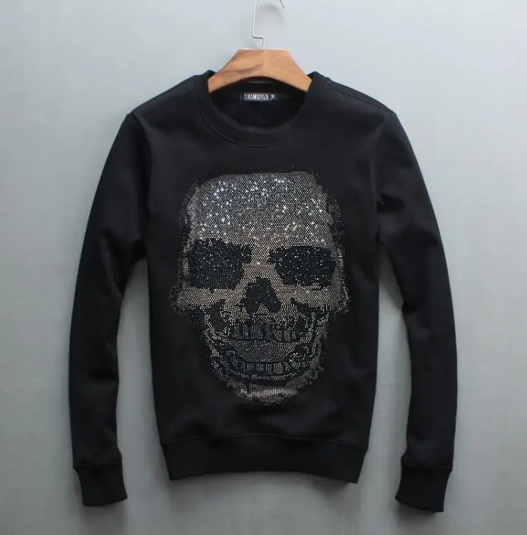 S-4XL  Rhinestones Design  Hot drill  Skull Man Fashion  Casual hoodies  Diamonds Mens Sweatershirts