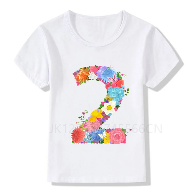 Girls Cute Pink Flowers 2-9 Birthday Number Print T Shirt Children Birthday Boy T-shirts Boy&Girl Funny Gift Tshirt Present