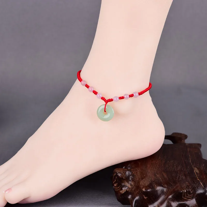 Bring Good Luck Retro Simple Red Rope Anklets Delicate Translucent Classical Light Green Peace Buckle Chinoiserie Jewelry