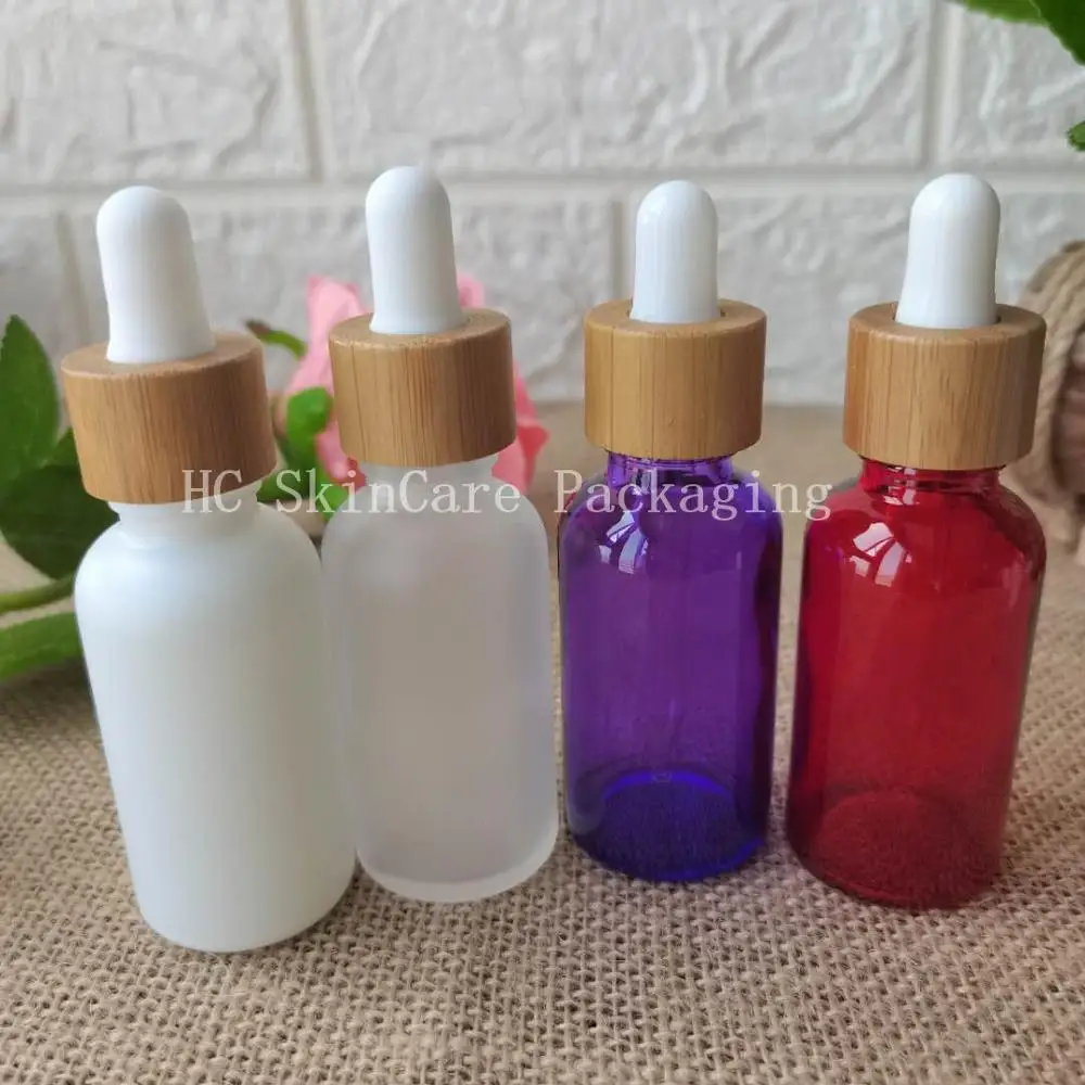 Wholesale 30ml Color Glass Dropper Bottle Jar With Bamboo Lid Empty Cosmetic Packaging Container Vials Essential Oil Bottles