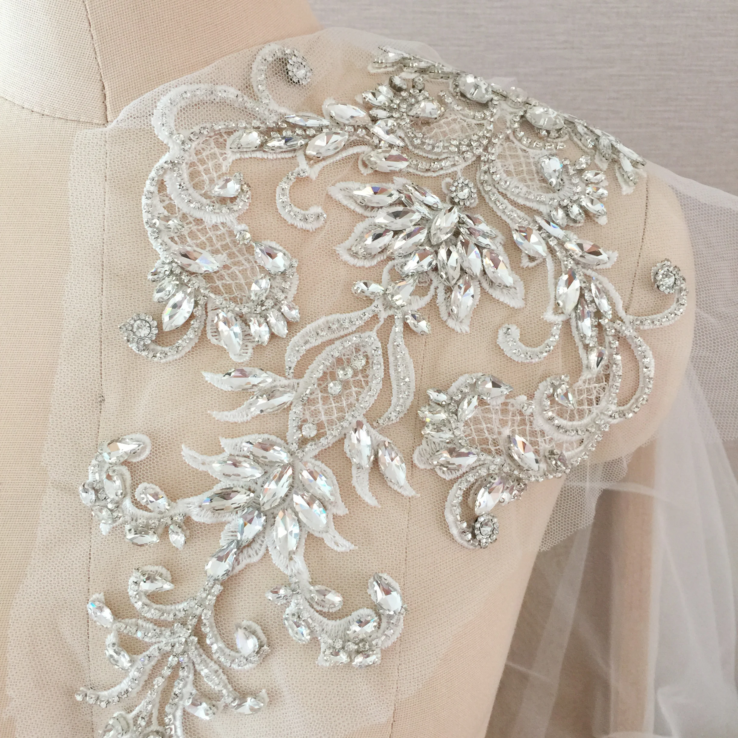 Rhinestone Applique,Clear Crystal Addition ,Beading Patch Sparkling Accents for Bridal Dresses Party Costumes