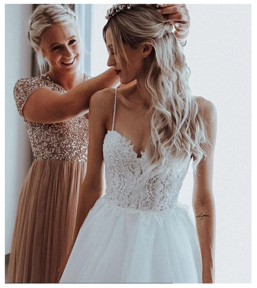 Robe de mariée élégante en tulle, longueur au sol, dentelle appliquée, perles A-ligne, robes de patients, chérie, dos nu, Boho, mariage, quoi que ce soit, 2023