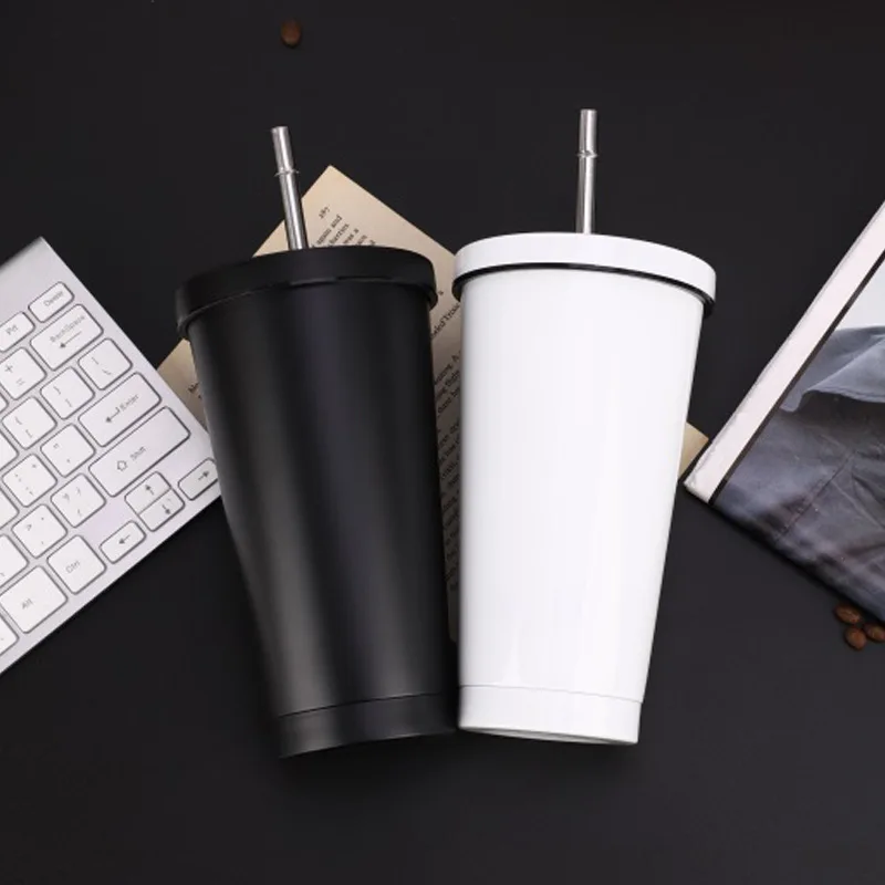 500Ml Stainless Steel Vacuum Macaron Ice Master Cup Straw Cup Large-Capacity Portable Coffee Cup Cold Drink Cup Car Cup