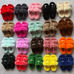 2024 Mink Fur Slippers Shoes For Women Flip Flops Real Fur Slippers For Home Women's Flats Slippers Women Fluffy Female Shoes