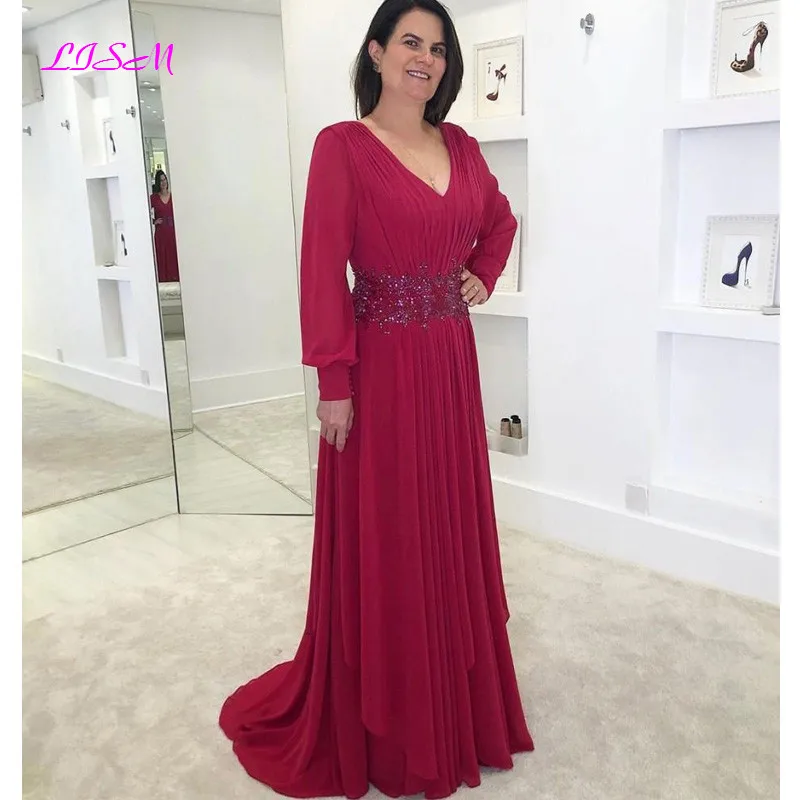 Plus Größe Burgund Mutter Der Braut Kleider Muslimischen Abendkleider Elegante Chiffon Perlen Lange Prom Kleid