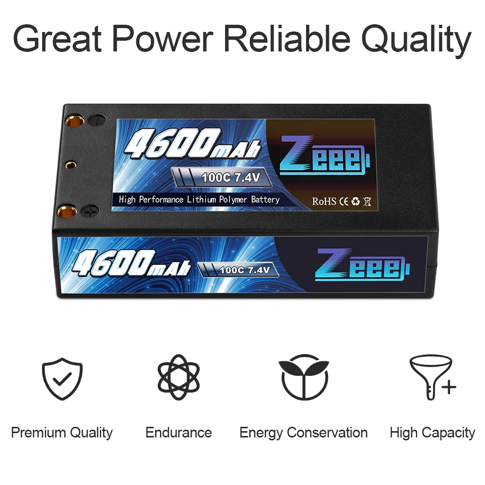 Zeee 2S Shorty Lipo 7.4V 4600mAh 100C RC Lipo Battery with 4mm Bullet Deans Ultra Plug for RC Car Truck Boat FPV Drones Parts