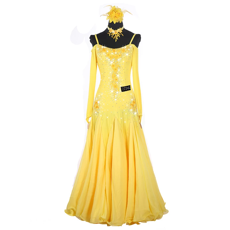 Ballroom Skirt Standard Competition Show Custom New Adult Yellow Embroidery Dress