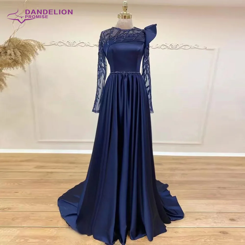 Navy Blau Langarm A-linie Muslimische Abendkleider Luxus Perlen Dubai Frauen Formale Party Kleider 2021 Arabisch Hochzeit Gast Kleid