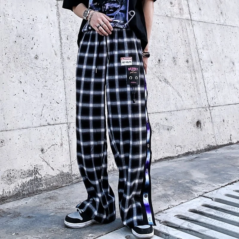 Casual Mens Plaid Sweatpants Hip Hop Drawstring Loose Fit Straight Trousers Male New Streetwear Single Breasted Harajuku Pants