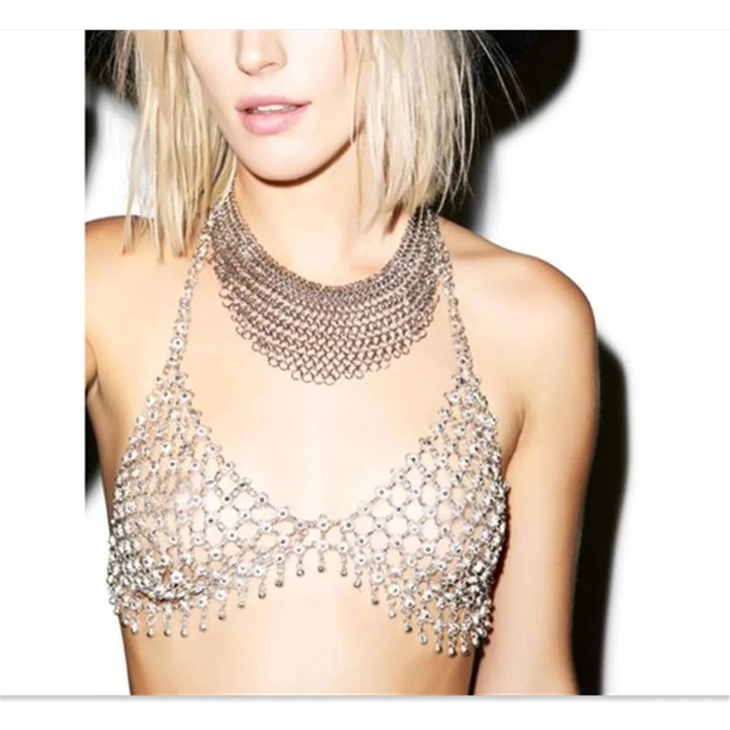 Sexy Women Hollow Flower Bikini Bra Body Chain Lady Vintage Metal Chest Chain Dance Belt Summer Beach Party Body Jewelry Gift