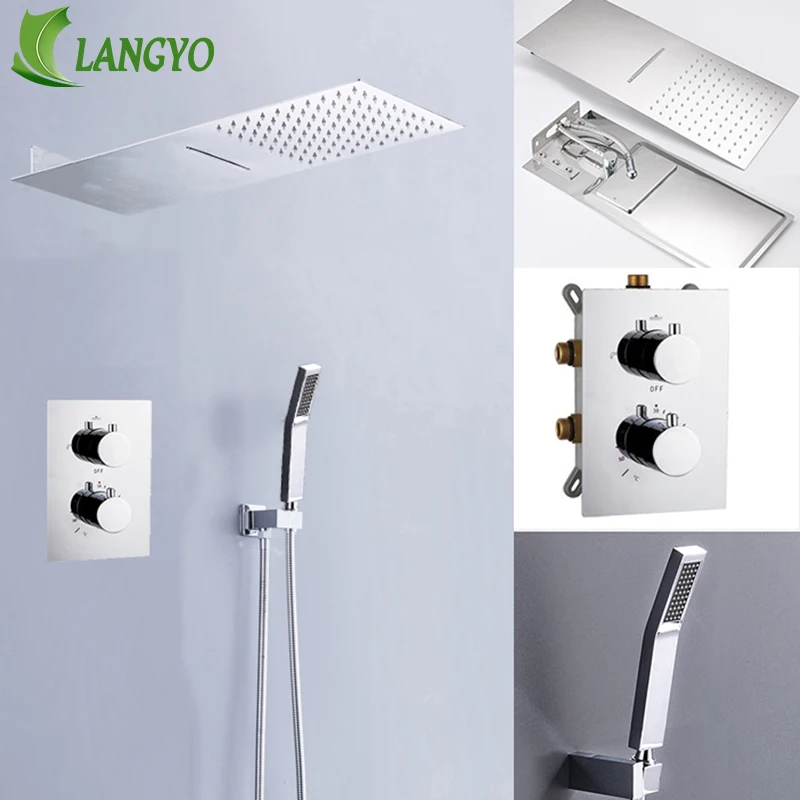 LANGYO Chrome Thermostatic Shower Faucets Ultra-Thin Waterfall Shower Head Thermostatic 3 Ways Valve Bathroom Shower Faucet Sets