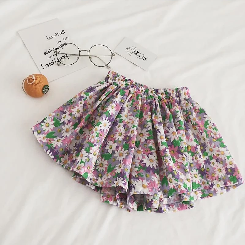 2-7Y Girls Flower Shorts Cute Summer Clothes Cotton Wide-Leg Pants Baby Small Floral Culottes Children\'s Clothing