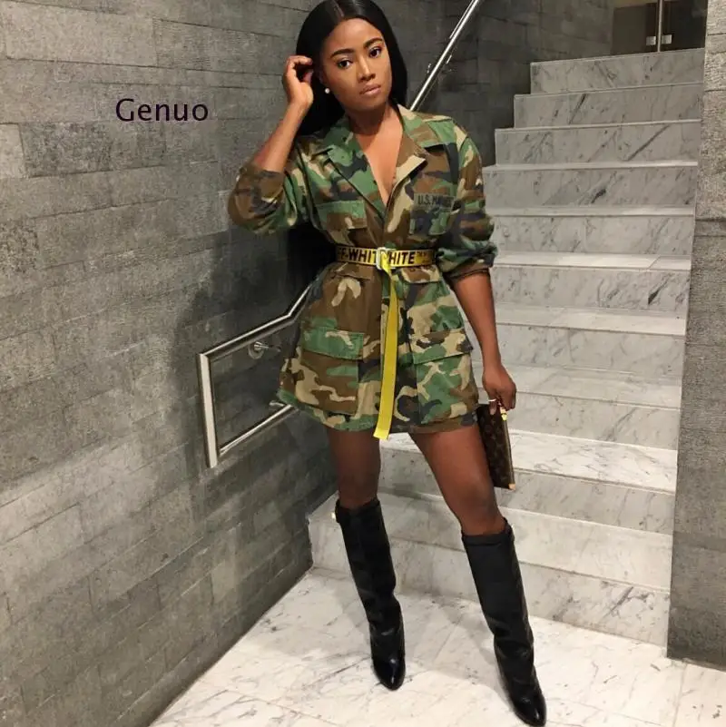 Fashion Camouflage Long Coat Women Sexy Long Sleeve Turn-Down Collar Pocket Ladies Army Green Military Outwear Jacket