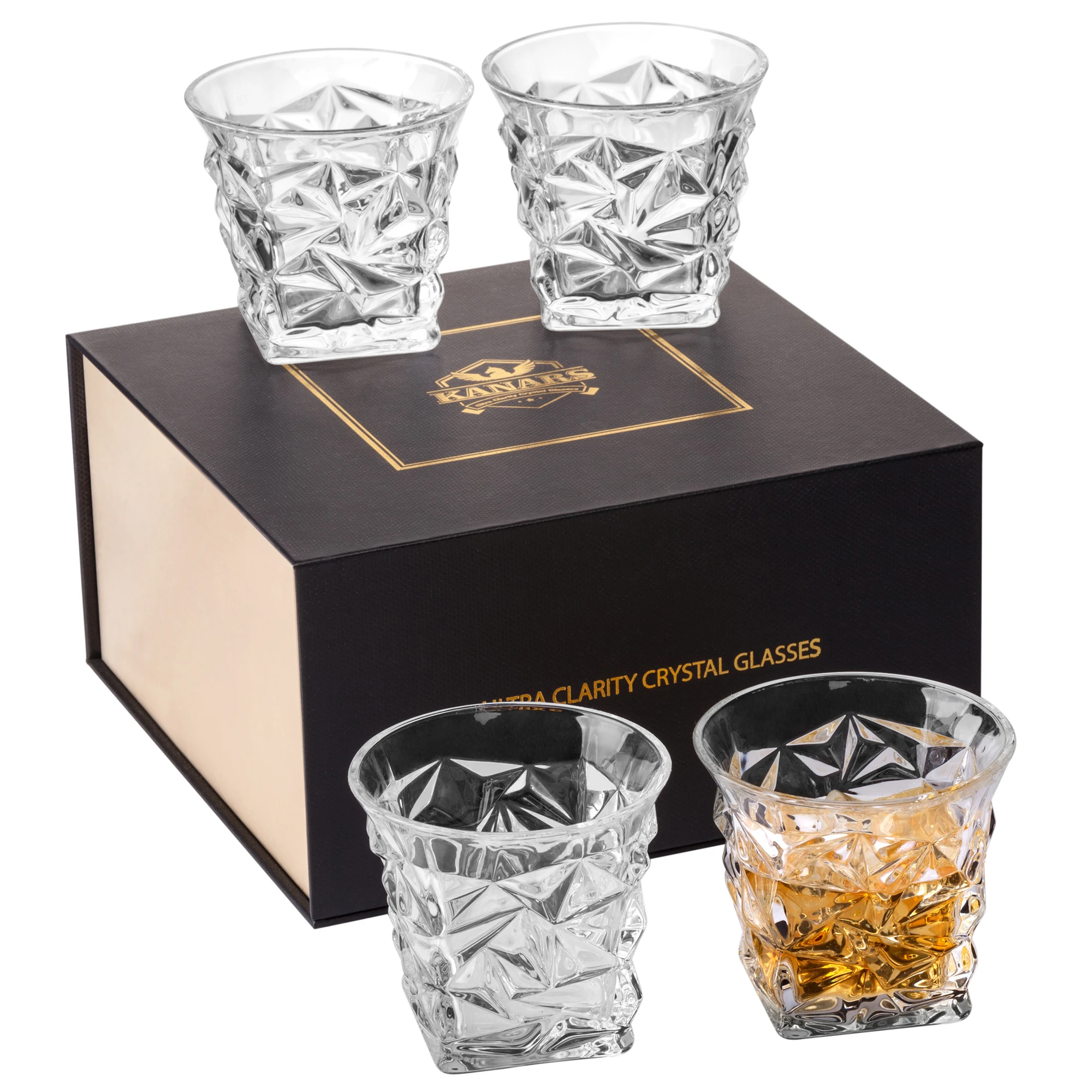 KANARS Crystal Whiskey Glasses, 9 Oz Rocks Glasses Set of 4 with Gift Box For Scotch Bourbon Cocktail, Gifts for Dad