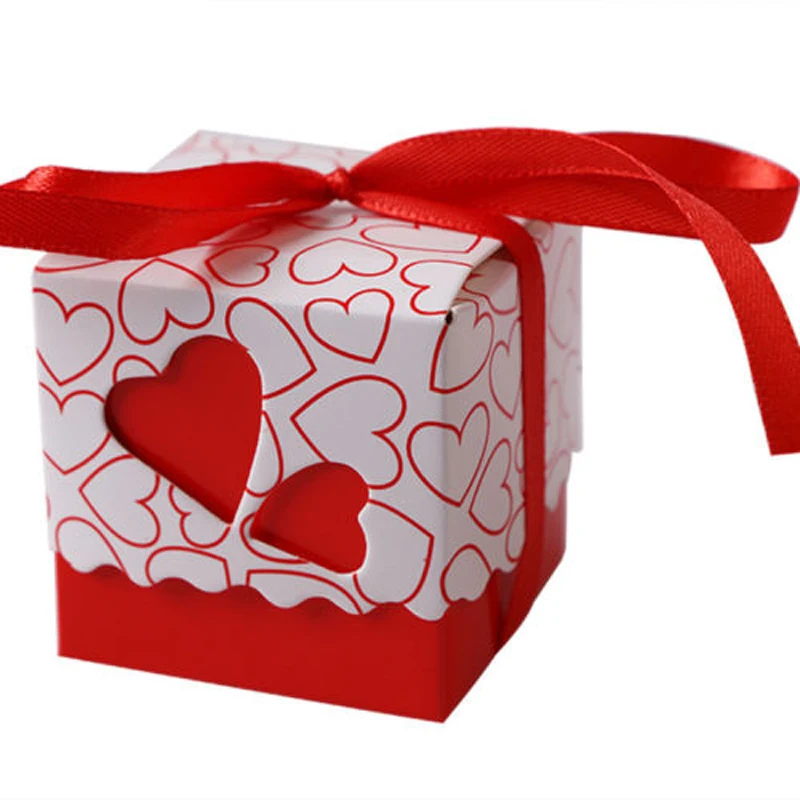 50Pcs Love Heart Candy Boxes With Ribbon Favors Gifts Box Christening Baby Shower Wedding Souvenirs Gifts for Guest Party Supply