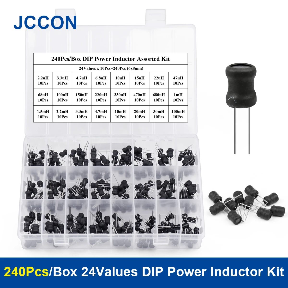 240Pcs/Box DIP Power Inductor Assorted Kit 24Values x 10Pcs Inductance 6x8mm 2.2uH-100mH Pin 3mm