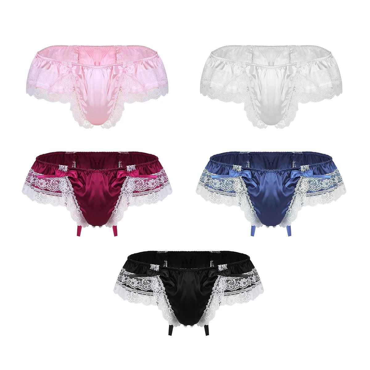 Men Shiny Satin Sissy Panties Hot Sexy Lingerie for Male Double Layers Floral Lace Bowknot Low Rise Bikini Briefs Gay Underwear