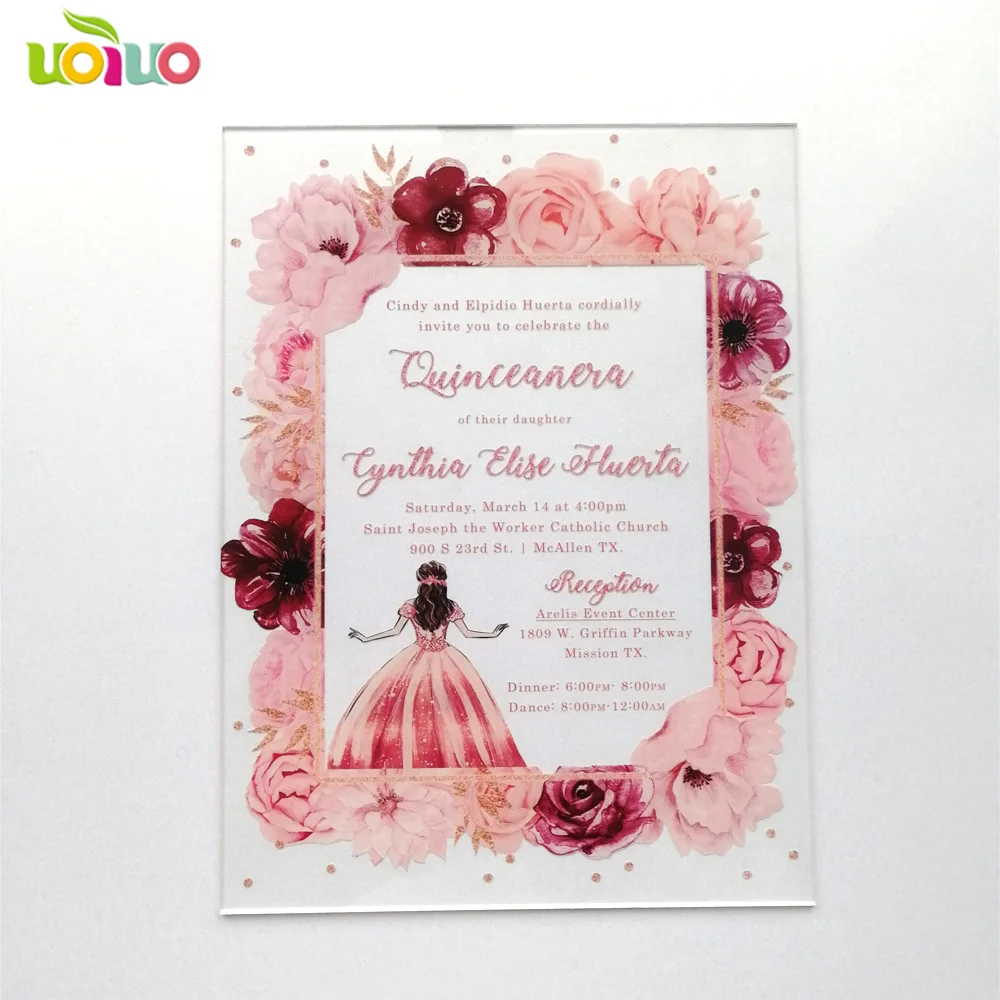 10pcs Colorful Printing Flower Quinceanera Invitation Card Acrylic Custom Wordings Birthday Invites image 2