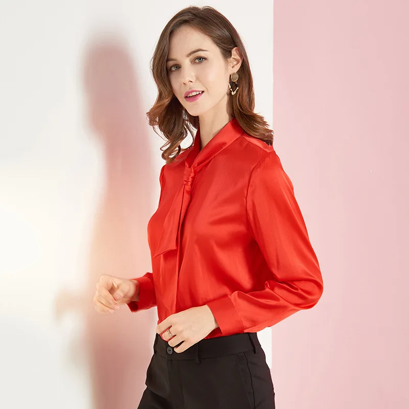 CISULI Silk Blusas sciarpa colletto donna camicia manica lunga nero/rosso Office Lady Blusa Feminina