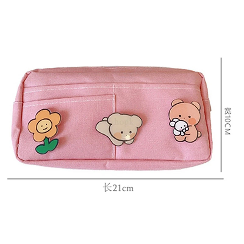 Kawaii Purple Canvas Pencil Case Cute Animal Badge Pink Pencilcases Large School Pencil Bags for Maiden Girl Stationery Supplies