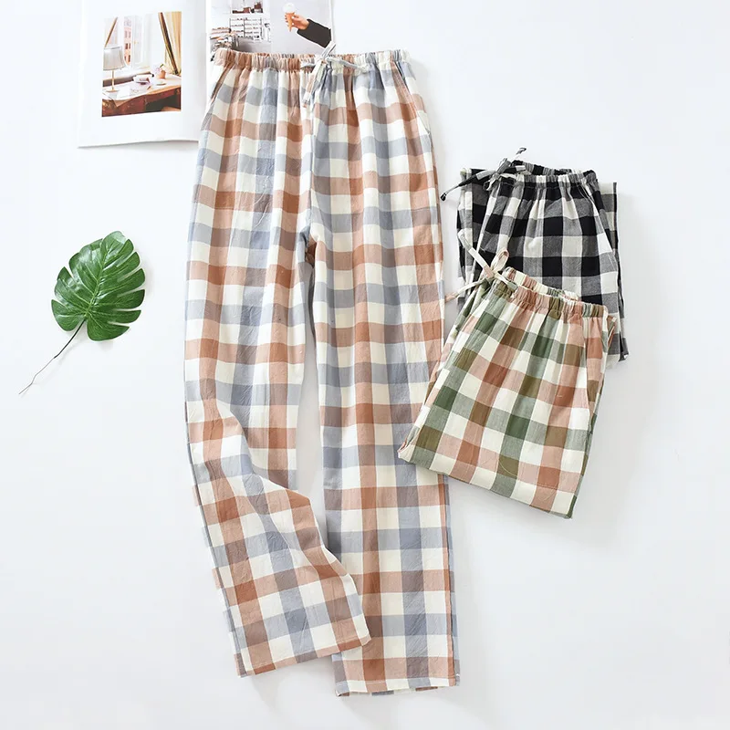 Pantalones de pijama sueltos de algodón a cuadros para mujer y hombre, pantalones de dormir, ropa de salón, primavera y verano, novedad