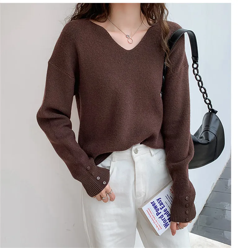 2023 Autumn Spring Women Sweaters Female Tops Knitted Thin Pullover Solid V-neck Loose Elegant Office Lady Casual All Match