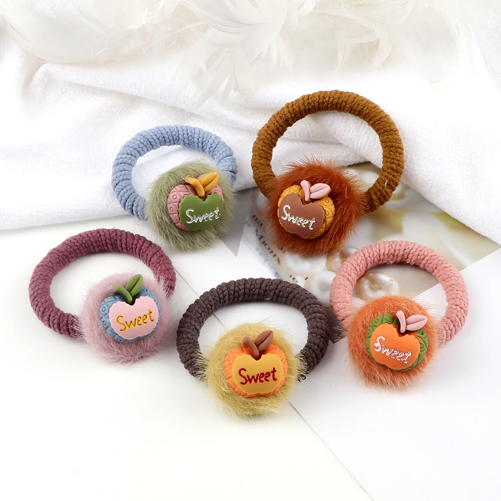 Cute Fruit Hair Band Accessories Colorful Hairball Sweet Apple Hair Ties High Elastic Scrunchies Safe Headband Gift For Children