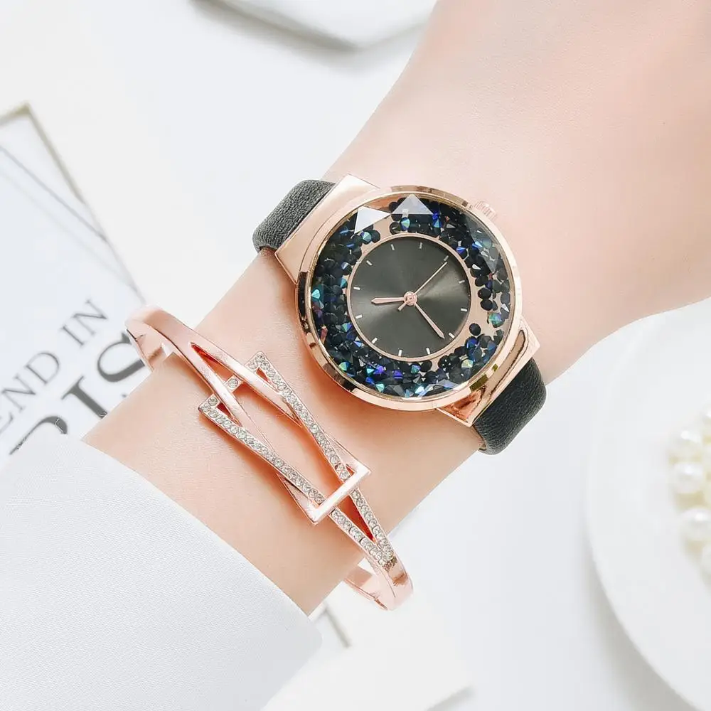 Simple Watch Women Plush Ladies Quartz Leather Strap Movable Rhinestones Watch Female Wristwatches Brown Clock Relogio Feminino