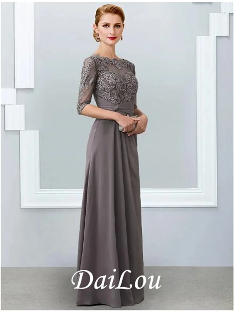 Mantel/Spalte Mutter der Braut Kleid Elegante Jewel Neck Bodenlangen Chiffon Spitze 3/4 Länge Hülse mit Appliques 2021