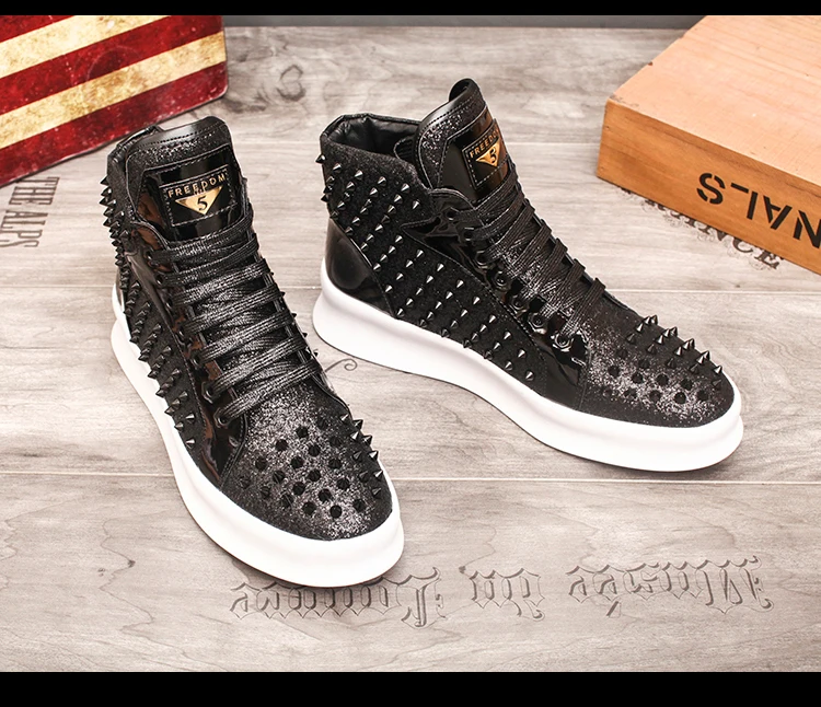 New Casual Shoes Mens Solid Rivets High Top Sneakers Bottom Flats Fashion Ankle Lace-Up Shoes Ankle Boots Zapatillas Hombre w28