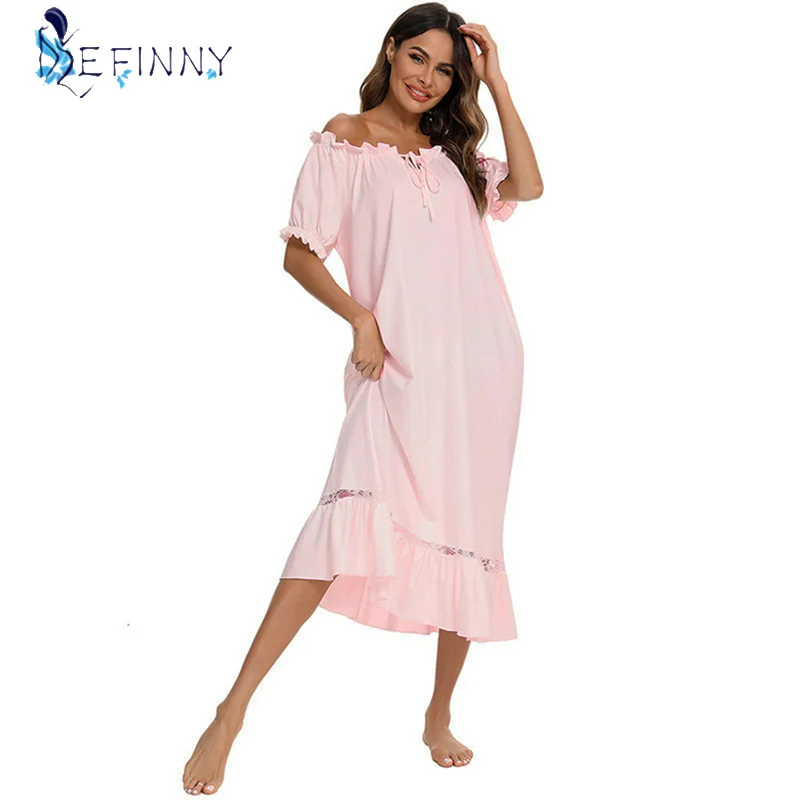 Women's Short Sleeve Nightdress Cotton Elastic Collar Off Shoulder Long Princess Nightgown Summer Soft Hollow Out Sleeping Dress