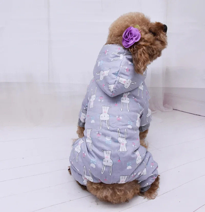 Transer Cute Rabbit Print Windproof Warm Dog Jumpsuit Pet Dog Hoody Coat Puppy Clothes Tracksuit Four Legs Winter Apparel