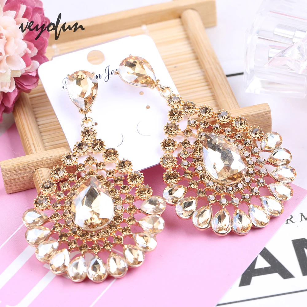 Veyofun Fashion Hyperbole Kristal Anting-Anting Mewah Rhinestone Menjuntai Anting-Anting Perhiasan untuk Wanita Brinco
