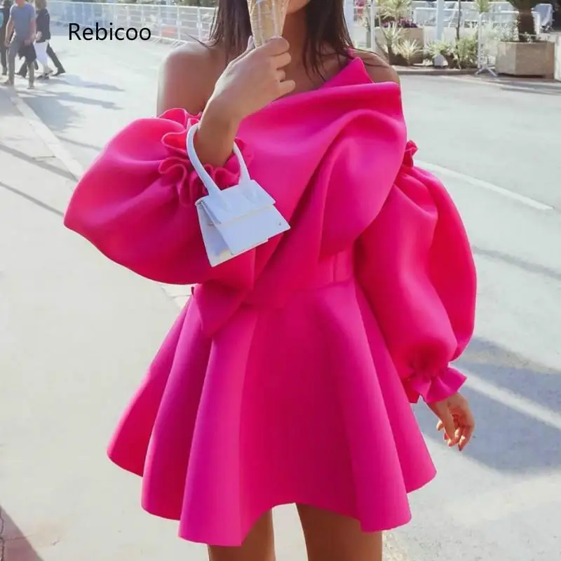 Autumn Sexy Long Puff Sleeve High Waist Ruffles Fuchsia Short Mini Dress Women