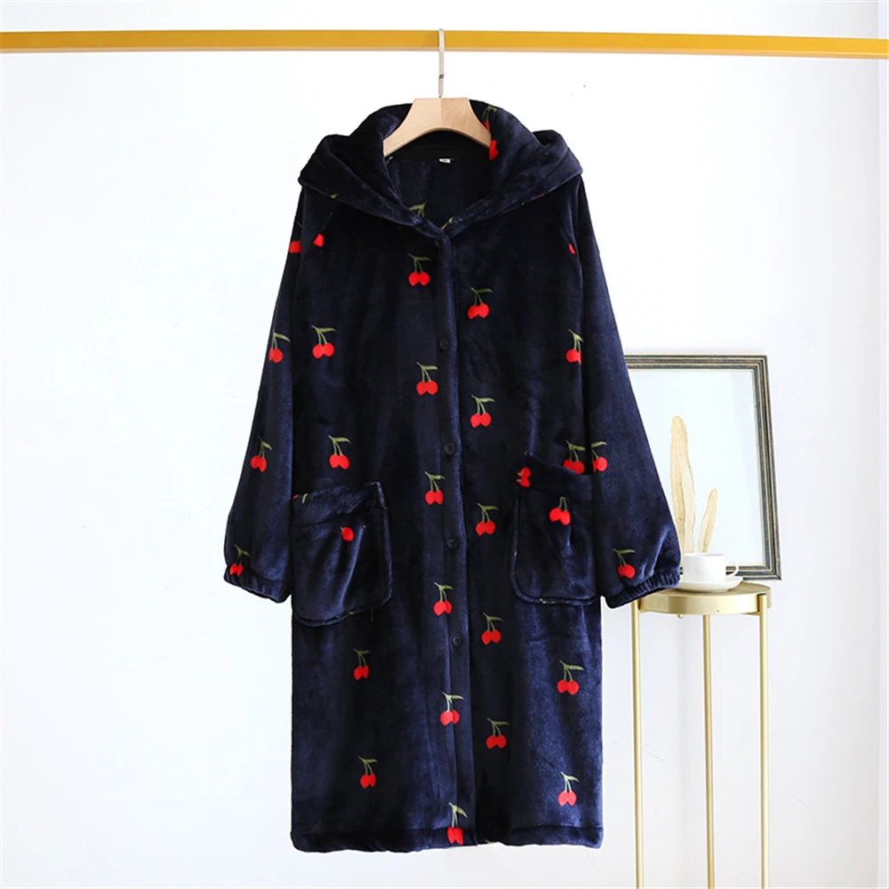 Autumn And Winter Flannel Women Robe Thickened Long Warm Cute Print Bathrobe Ladies New Warm Nightgown Home Pajamas Pants Suit